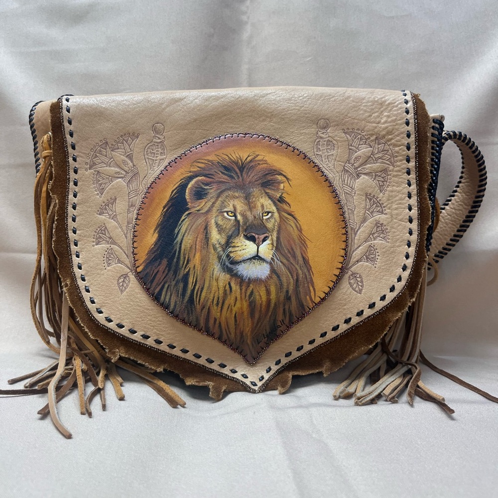 Handcrafted Lion Design Tan Leather Bag signed by L. Lyndall